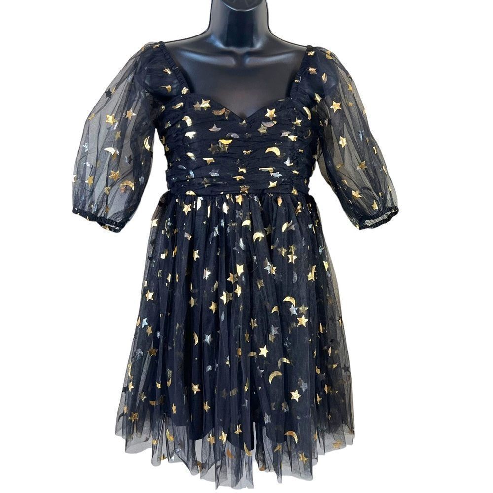Lace & Beads Brielle Babydoll Mini Dress in Black Moon Print